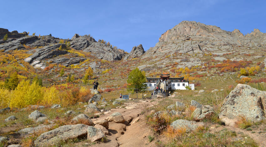 Ariyabal Temple among autumn foliage in Terelj National Park