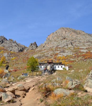 Ariyabal Temple among autumn foliage in Terelj National Park