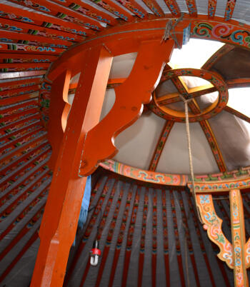 Interior ceiling of a Mongolian ger with toono crown window