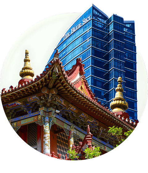 Buddhist temple and modern luxury hotel
