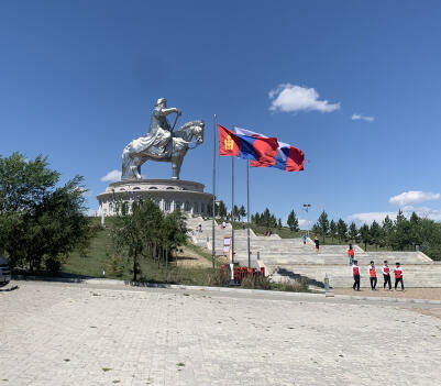 Chinggis Khaan equestrian statue with Mongolian flags