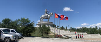 Chinggis Khaan equestrian statue with Mongolian flags