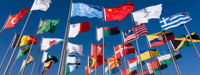International country flags on flagpoles